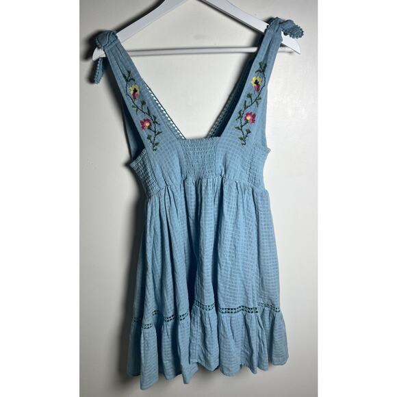 Urban Outfitters UO Forever Blue Tie Embroidered‎ Baby Doll Smock Dress Size XS - Picture 5 of 15
